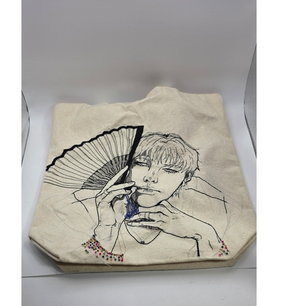 Hand Embroidered Anime Line Art Canvas Tote Bag KPOP BTS Jimin Beaded unfinished